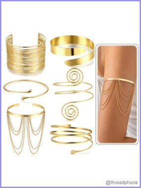 6 Piece Gold Arm Cuff Bracelets Set Adjustable Upper Arm Open Statement Jewelry